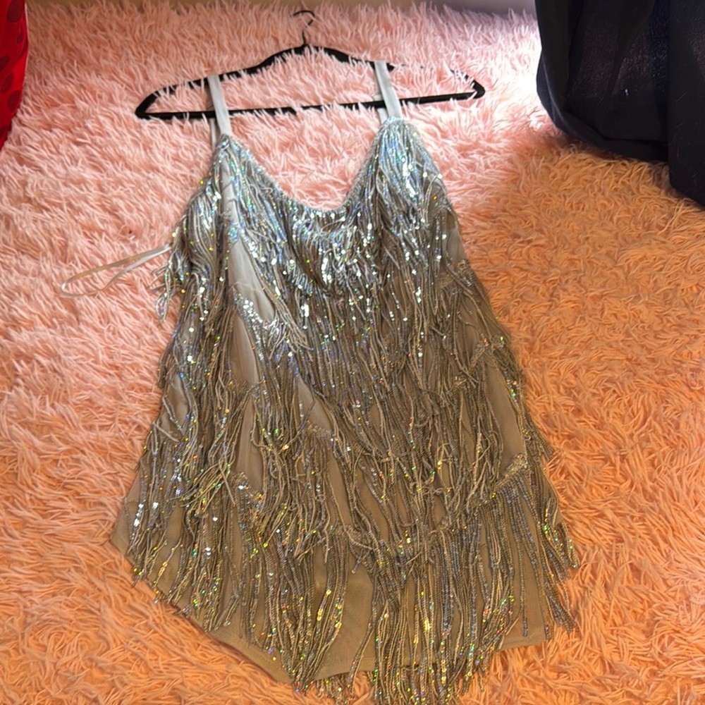 Amazing Lace Silver Fringe Mini Dress